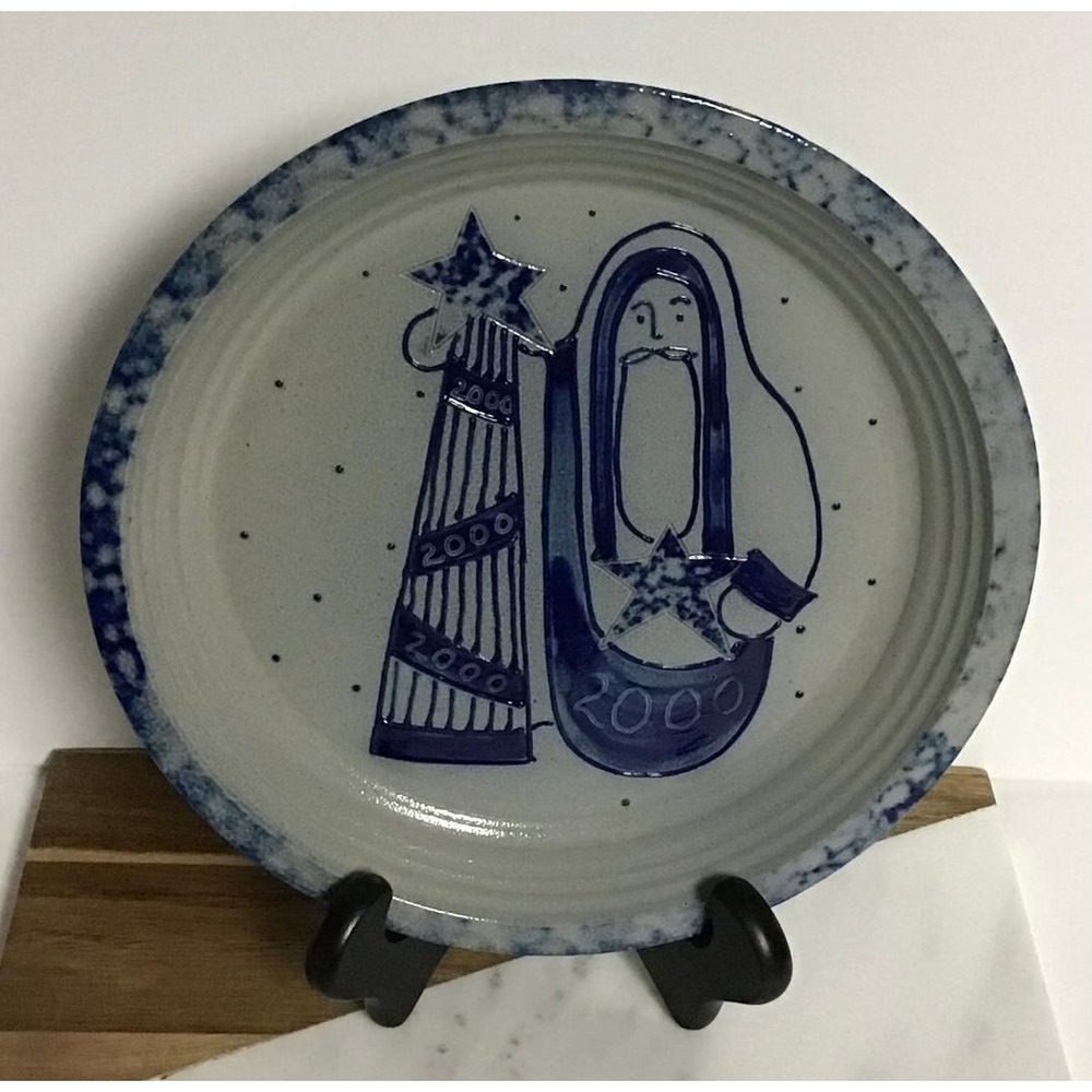 Vintage Eldreth Salt Glaze Santa Christmas Tree Stoneware Plate 2000 11"Folk-Art